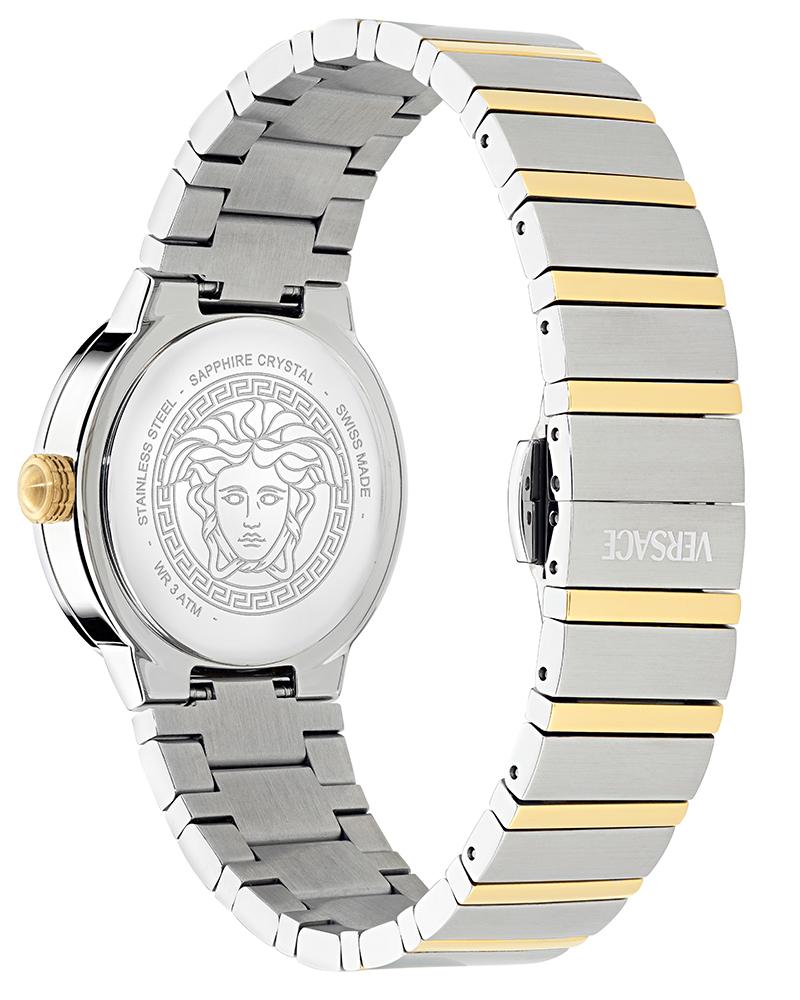 Versace Greca Logo watch caseback with engraved Medusa head and two-tone bracelet
