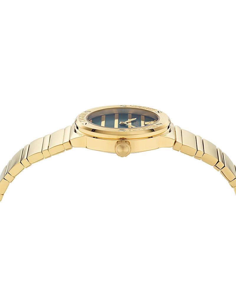 Top-down angle view of Versace Greca Logo watch with gold stainless steel bracelet