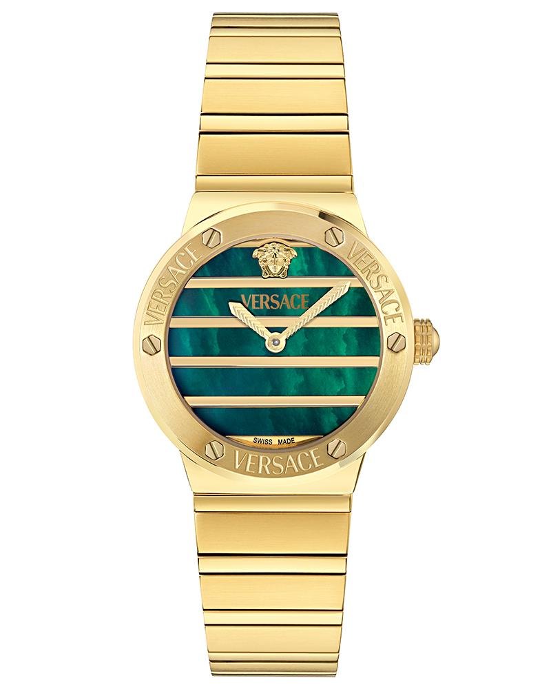 Versace Greca Logo women's watch with pearl green mother of pearl dial and gold stainless steel case