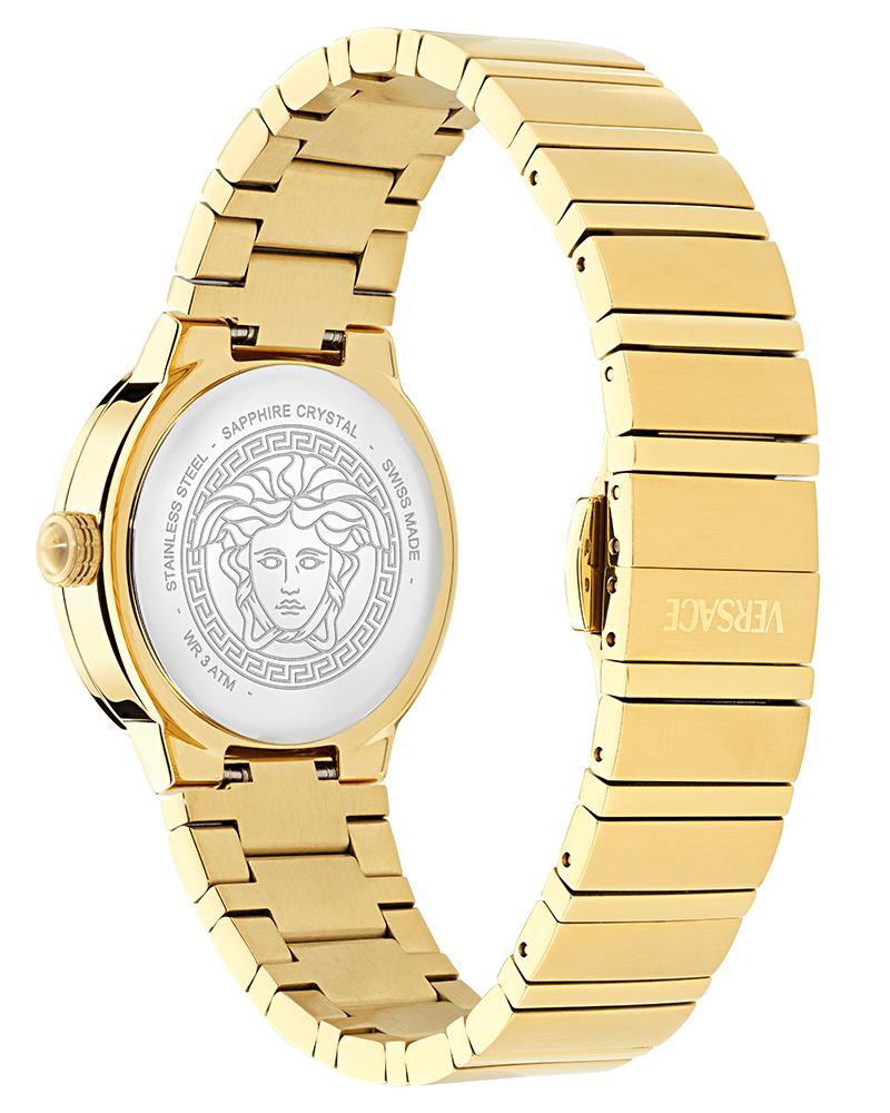 Side profile of Versace Greca Logo watch showing caseback with Medusa head and gold bracelet
