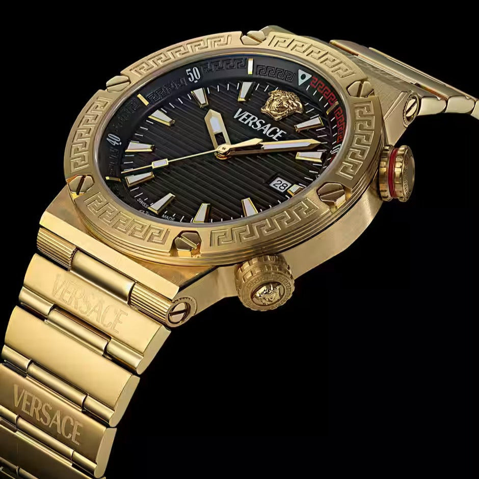 Versace Greca Logo watch angled side view showing gold case, black dial, and crown