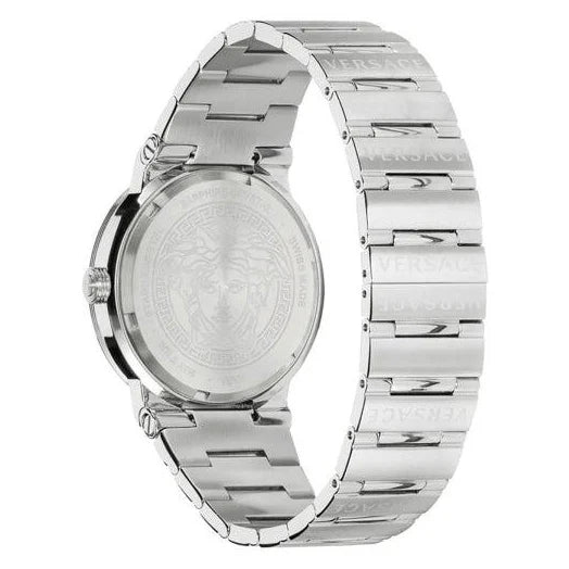 Caseback of Versace Greca Logo watch with Medusa medallion and silver stainless steel bracelet
