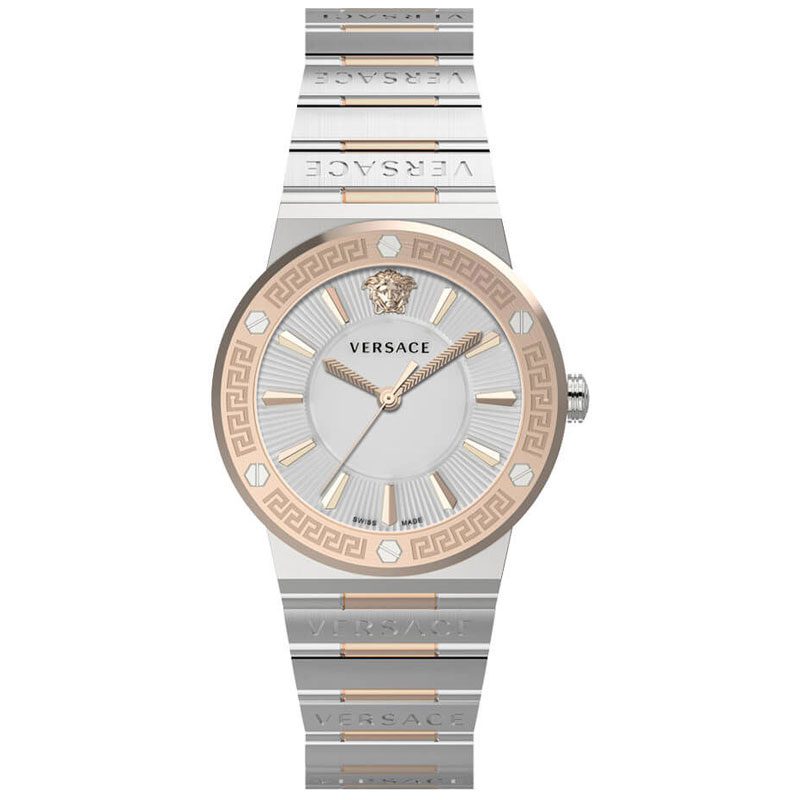 Versace Greca Logo two-tone stainless steel watch with silver dial and rose gold bezel