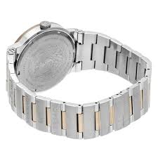 Side view of Versace Greca Logo two-tone stainless steel bracelet and case