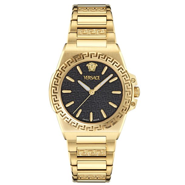 Versace Greca Reaction Lady watch with black dial and gold-tone stainless steel case and bracelet