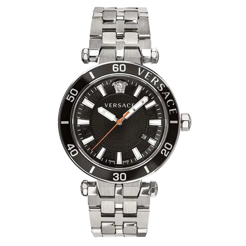 Versace Greca Sport watch front view with black dial and silver steel bracelet