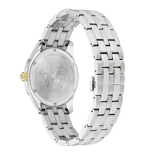 Versace Greca Time GMT watch caseback featuring Medusa head engraving and gold crown detail