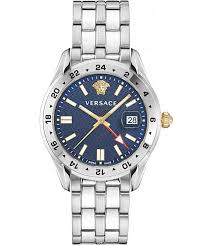 Versace Greca Time GMT quartz watch with blue dial, white hour markers, and stainless steel bracelet