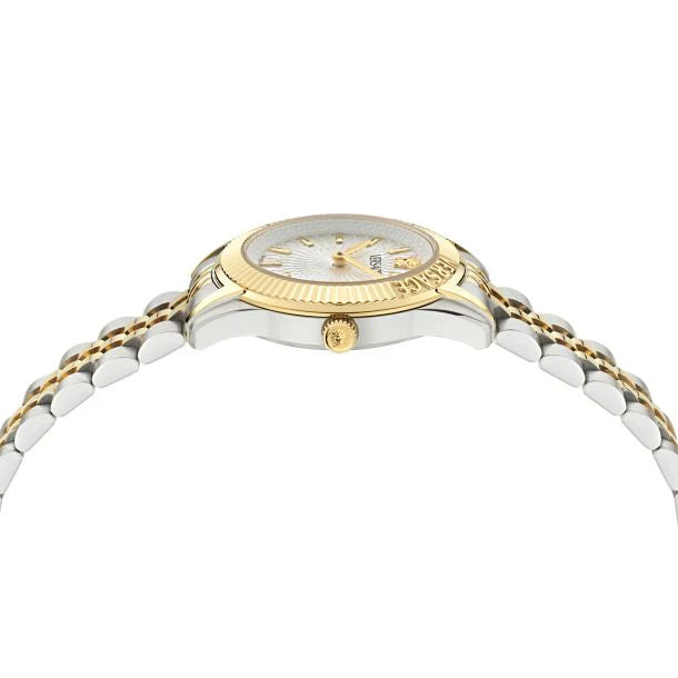 Versace Greca Time Petite watch side profile showing case depth and two-tone bracelet