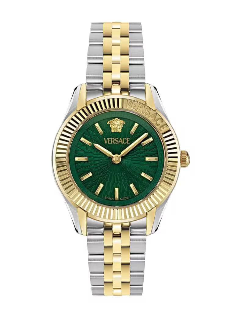 Versace Greca Time Petite green dial watch with two-tone stainless steel and gold bracelet, 30mm