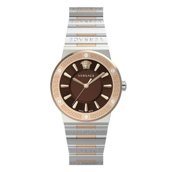 Versace Greca Logo two-tone stainless steel watch with brown dial, Medusa logo, and Greca pattern bezel