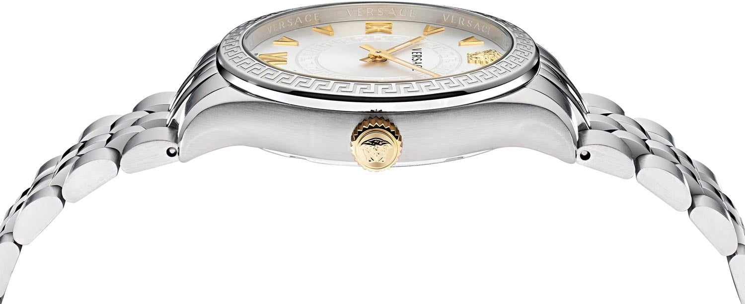 Versace Hellenyium watch caseback view showing stainless steel bracelet lugs