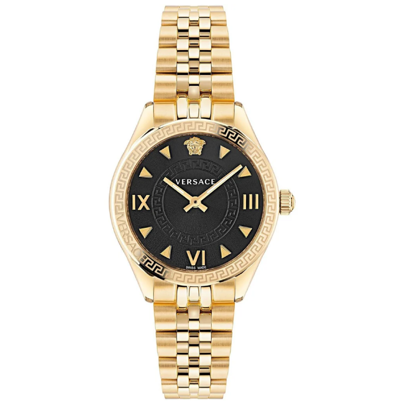 Versace Hellenyium black dial watch with gold-tone bracelet and Roman numeral markers