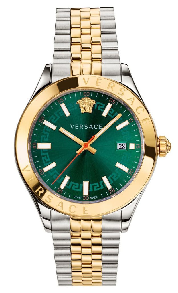 Versace Hellenyium women's watch with green dial, two-tone steel and gold strap, gold bezel