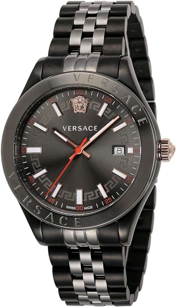 Versace Hellenyium VEVK00320 watch at angle showing black case and mixed metal strap