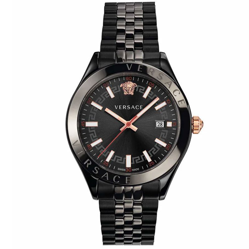 Versace Hellenyium VEVK00320 black dial watch with black steel strap and rose gold crown