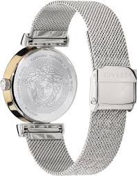 Versace Meander watch caseback showing Medusa logo and silver mesh bracelet detail