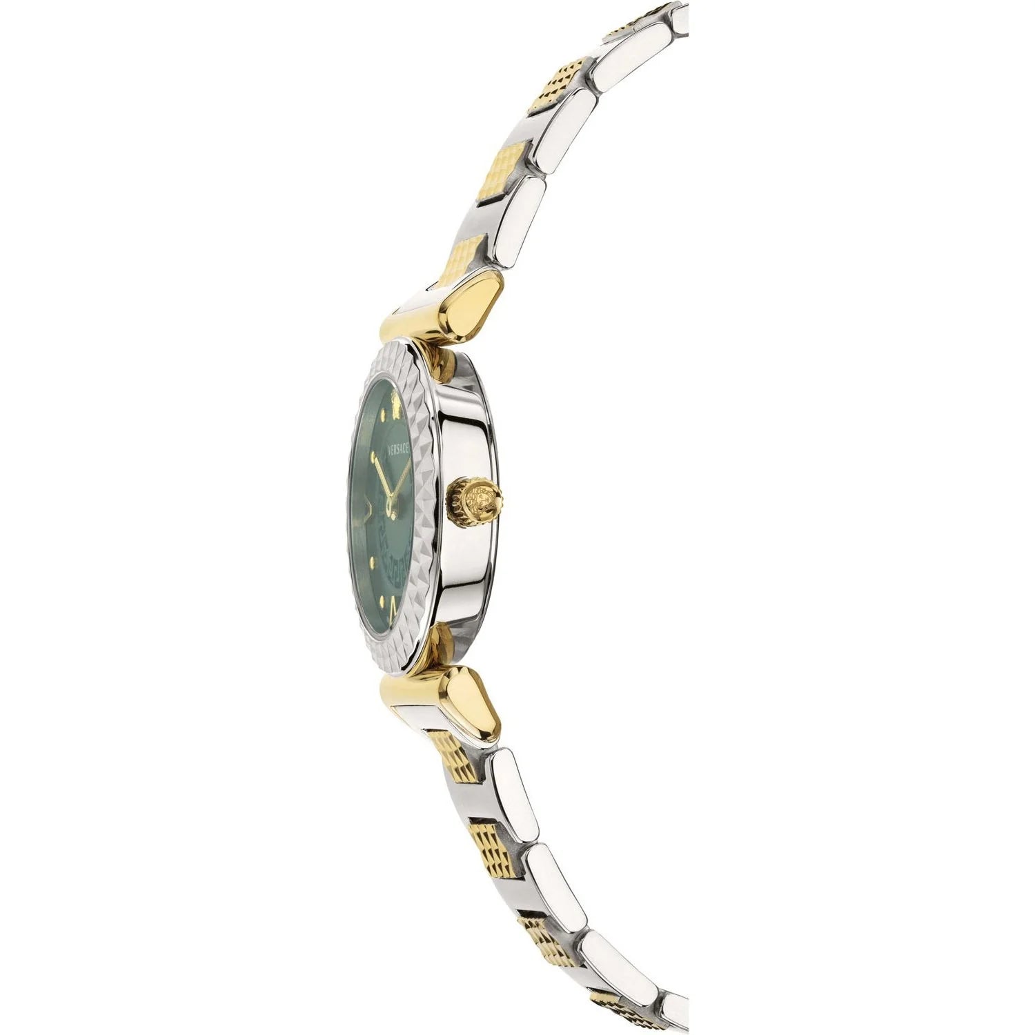 Side profile of Versace Mini Vanity two-tone watch with green dial and crystal bezel