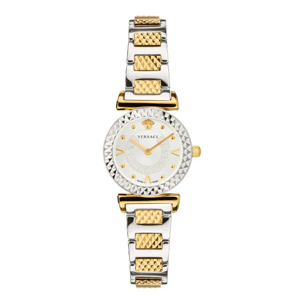 Versace Mini Vanity two-tone stainless steel watch with white dial and crystal bezel