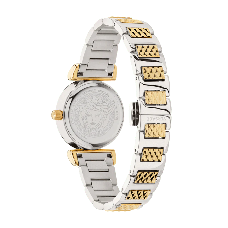 Side view of Versace Mini Vanity watch showing two-tone bracelet and case profile