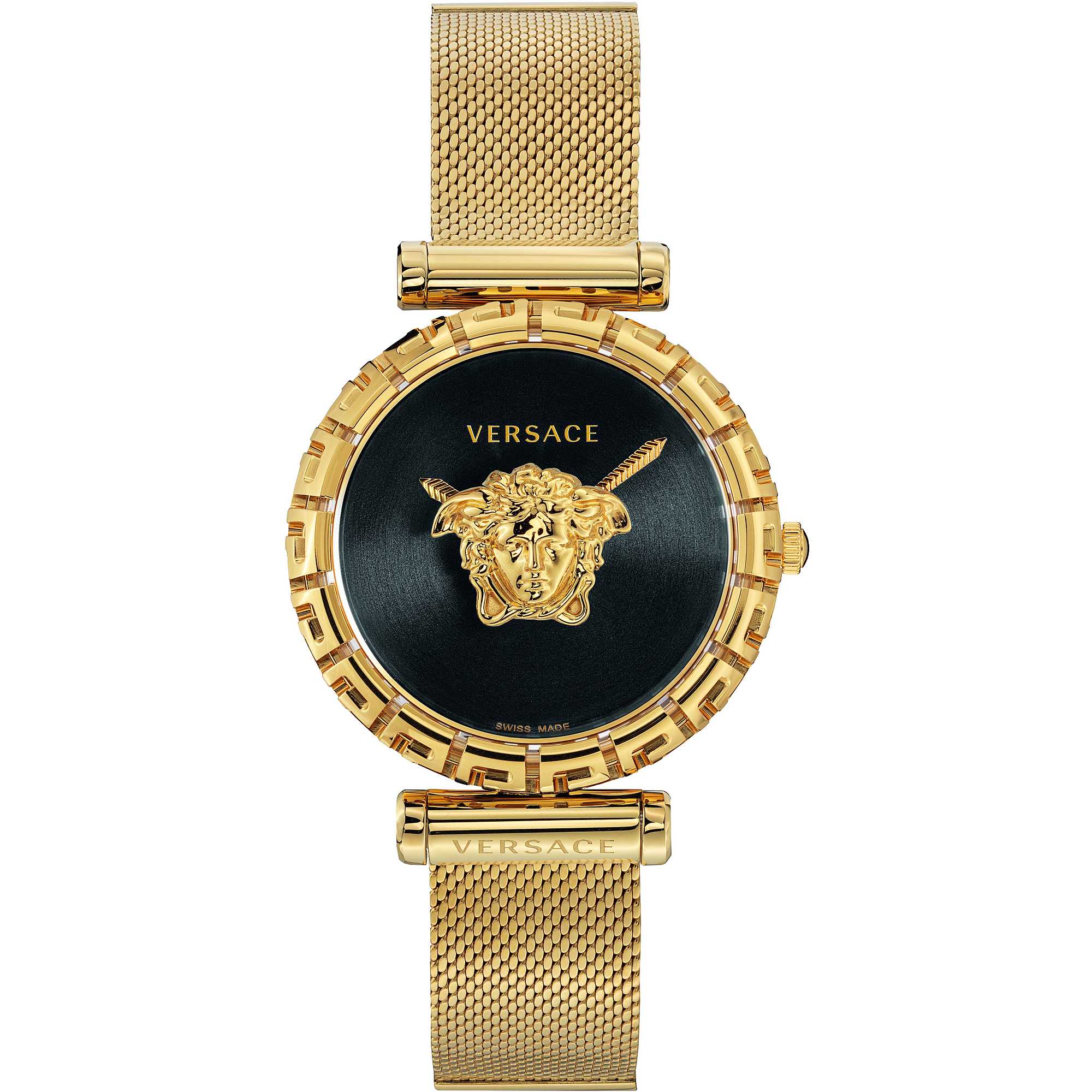 Versace Palazzo Empire Greca quartz ladies watch with green dial and gold mesh strap