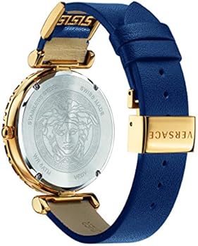 Caseback of Versace Palazzo Empire Greca watch with engraved Medusa head medallion, gold-tone case back, navy leather strap