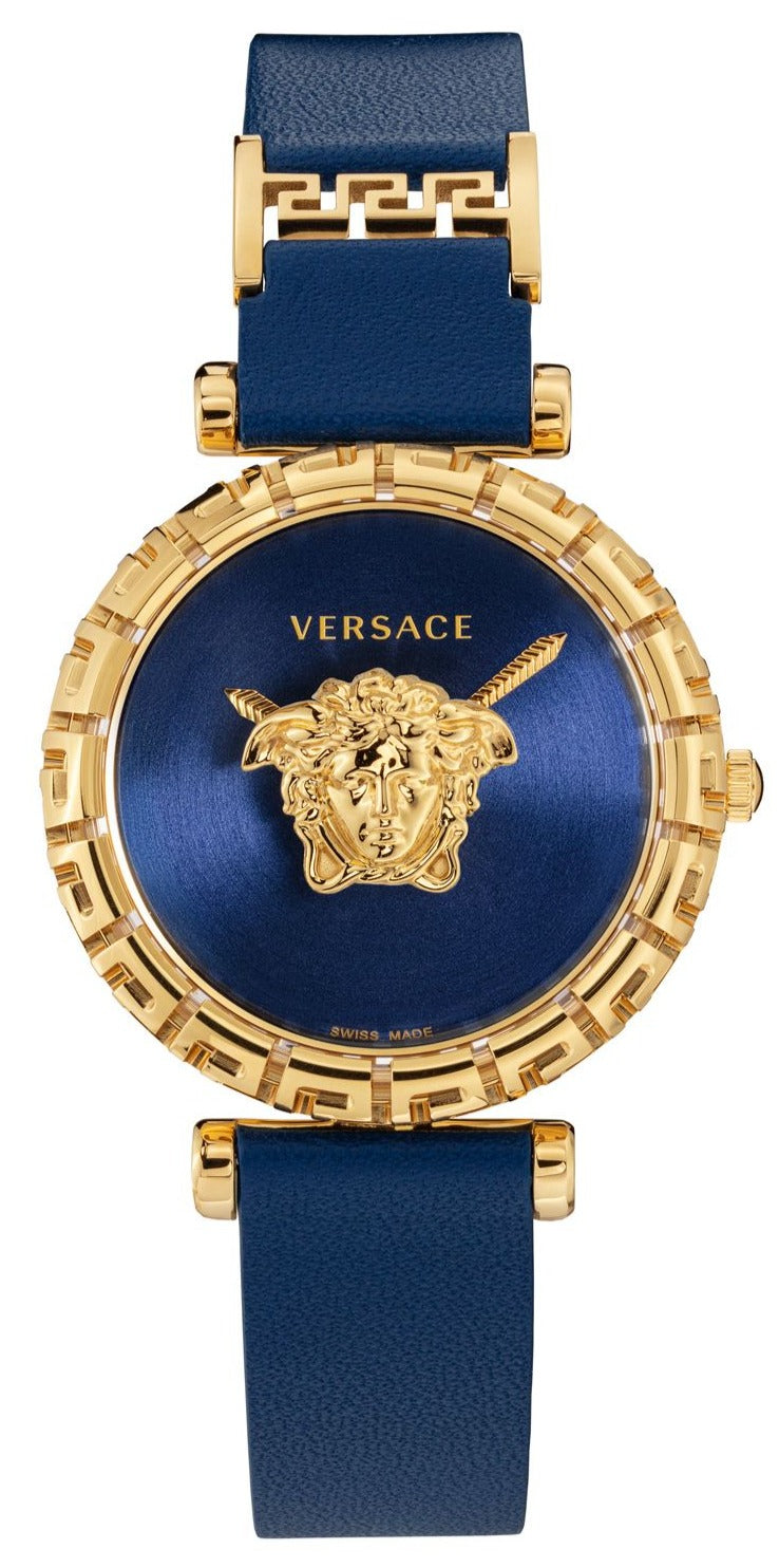 Versace Palazzo Empire Greca 37mm steel quartz women's watch with blue dial and Medusa head, gold-tone case, navy leather strap