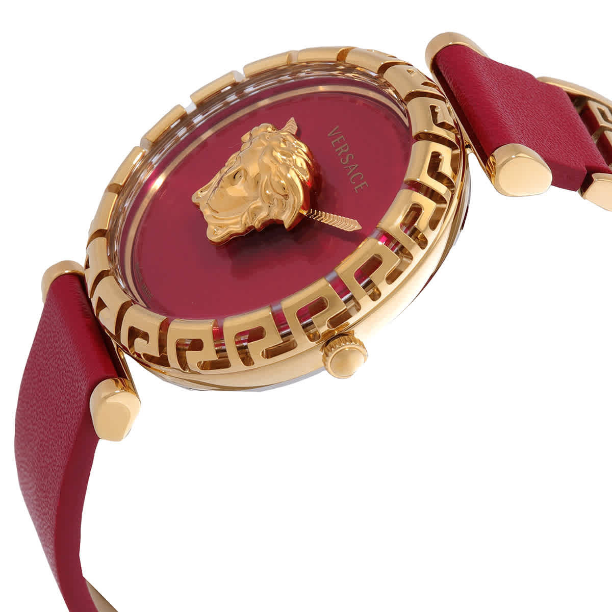 Angled view of Versace Palazzo Empire watch showing red dial and gold Greca pattern bezel with red strap