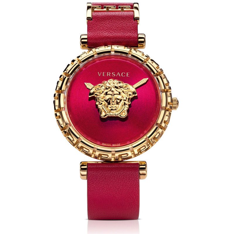 Versace Palazzo Empire Greca watch with red dial, gold Medusa head, Greca bezel, and red leather strap