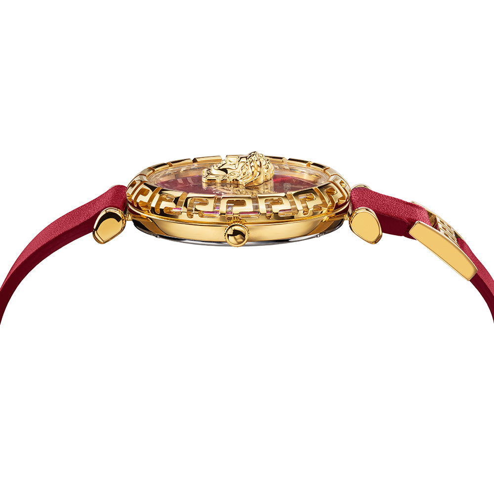 Side view of Versace Palazzo Empire Greca watch with red leather strap and gold-tone case