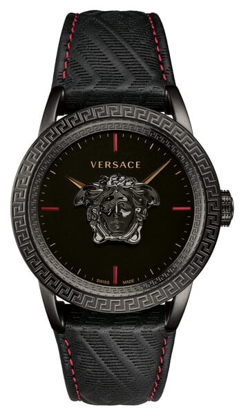 Versace Palazzo Empire watch with black dial, Medusa head, red markers, and Greek key bezel