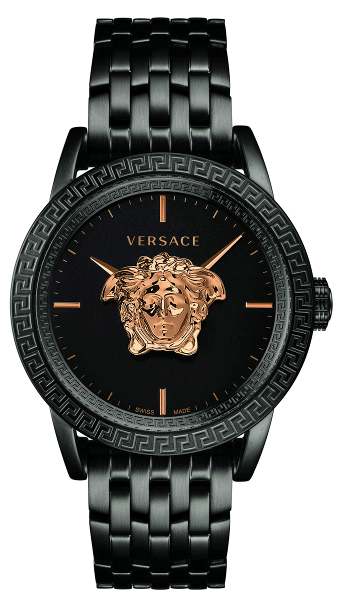 Versace Palazzo Empire black watch with gold Medusa head and rose gold indices