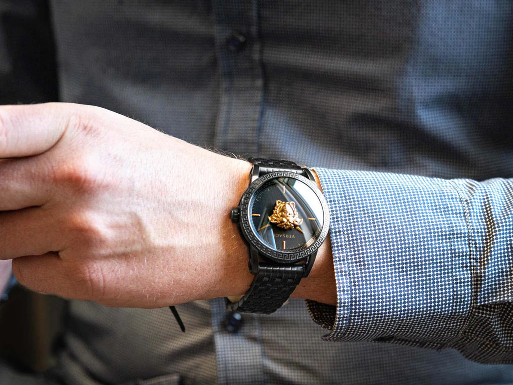 Versace Palazzo Empire watch worn on wrist with black band and gold Medusa