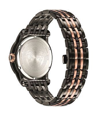 Caseback view of Versace Palazzo Empire watch showing brushed metal case back and two-tone bracelet