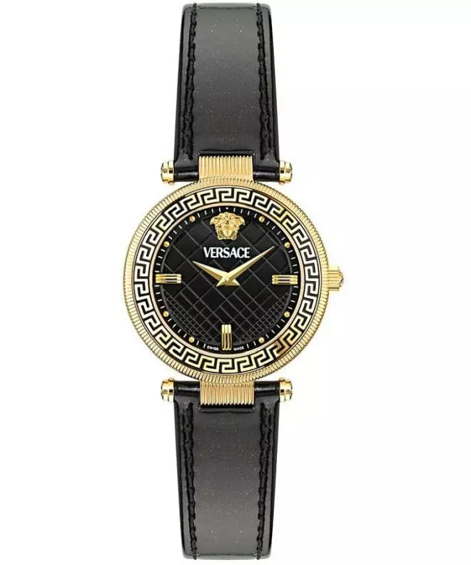 Versace REVE watch worn on wrist showing black dial and Greek key bezel detail