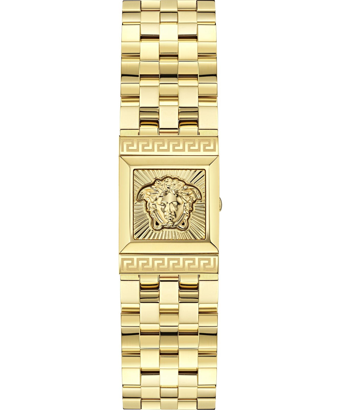 Versace Reveal gold watch worn on wrist with stainless steel bracelet and geometric strap detail