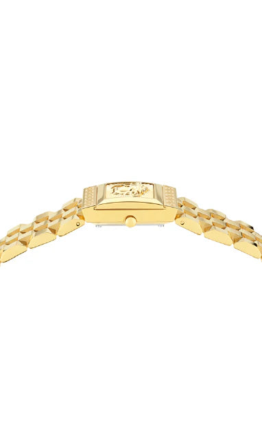 Versace Reveal square gold watch shown from side profile with stainless steel bracelet
