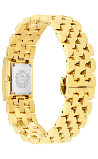 Versace Reveal women's gold-tone stainless steel bracelet with medusa coin caseback detail
