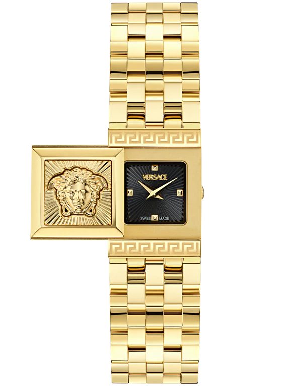Versace Reveal square women's watch with black dial, Medusa logo and gold-tone stainless steel bracelet
