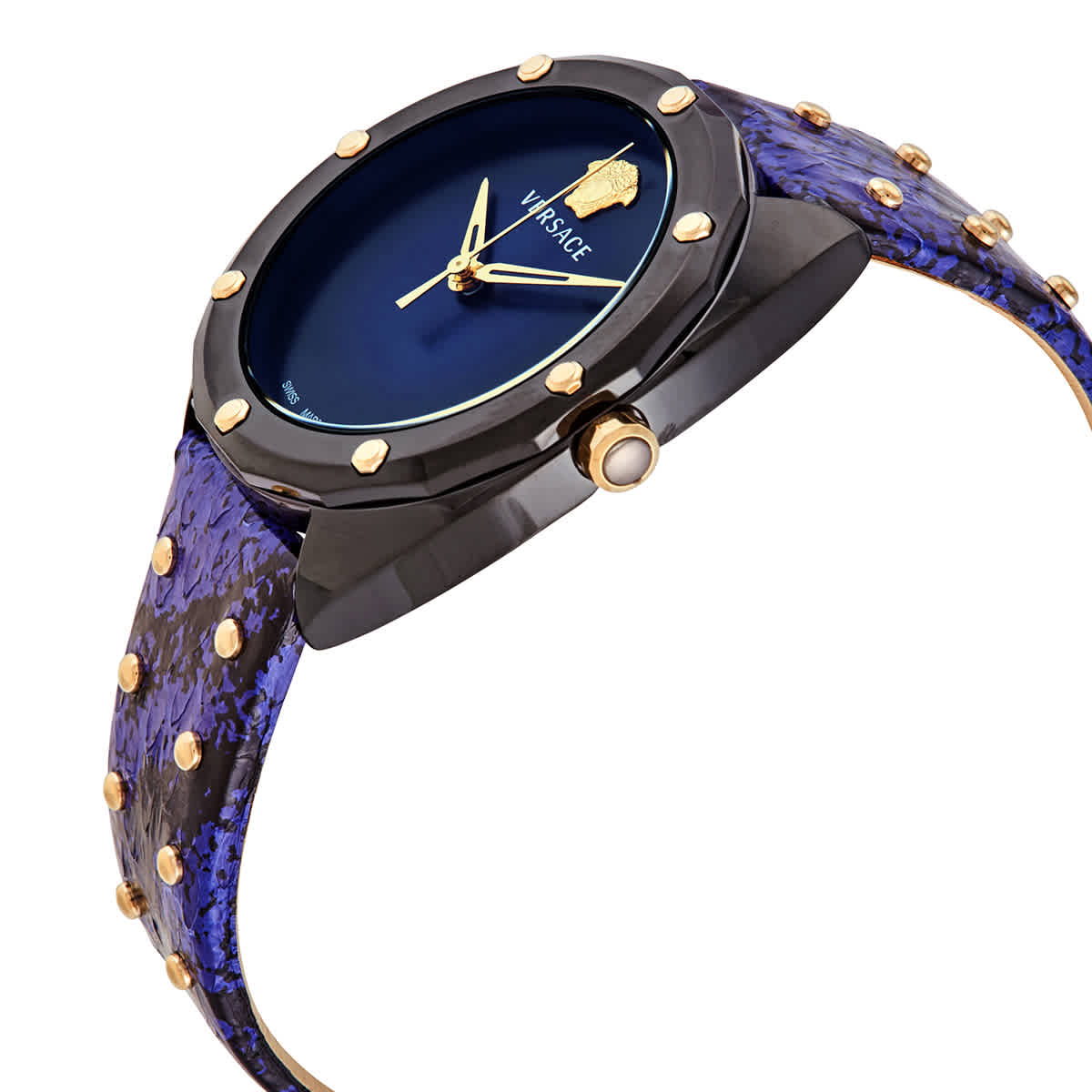 Versace Shadov ladies watch angled view with black case and studded blue strap