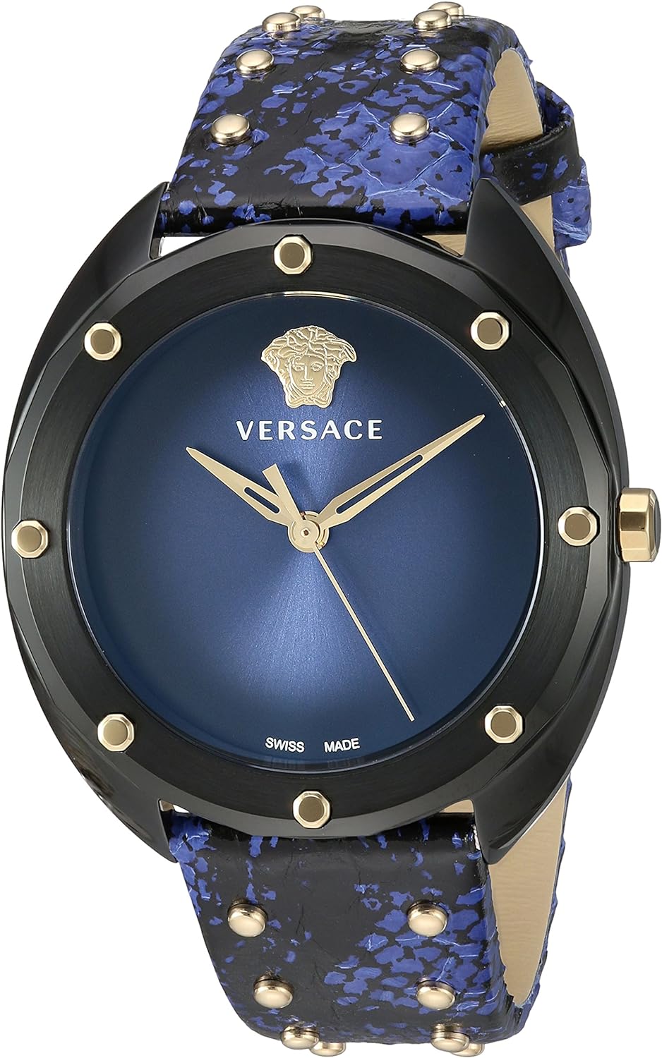 Versace Shadov watch three-quarter view showing blue patterned leather strap with studs
