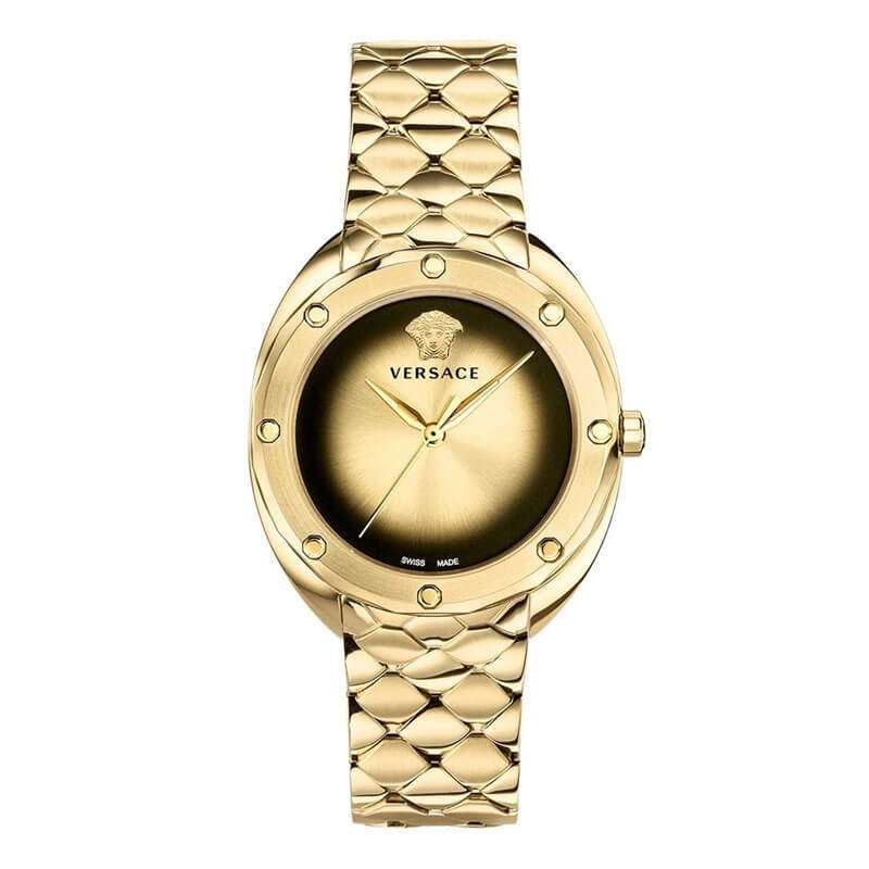 Versace Shadov gold-tone women's watch with quilted bracelet and black dial
