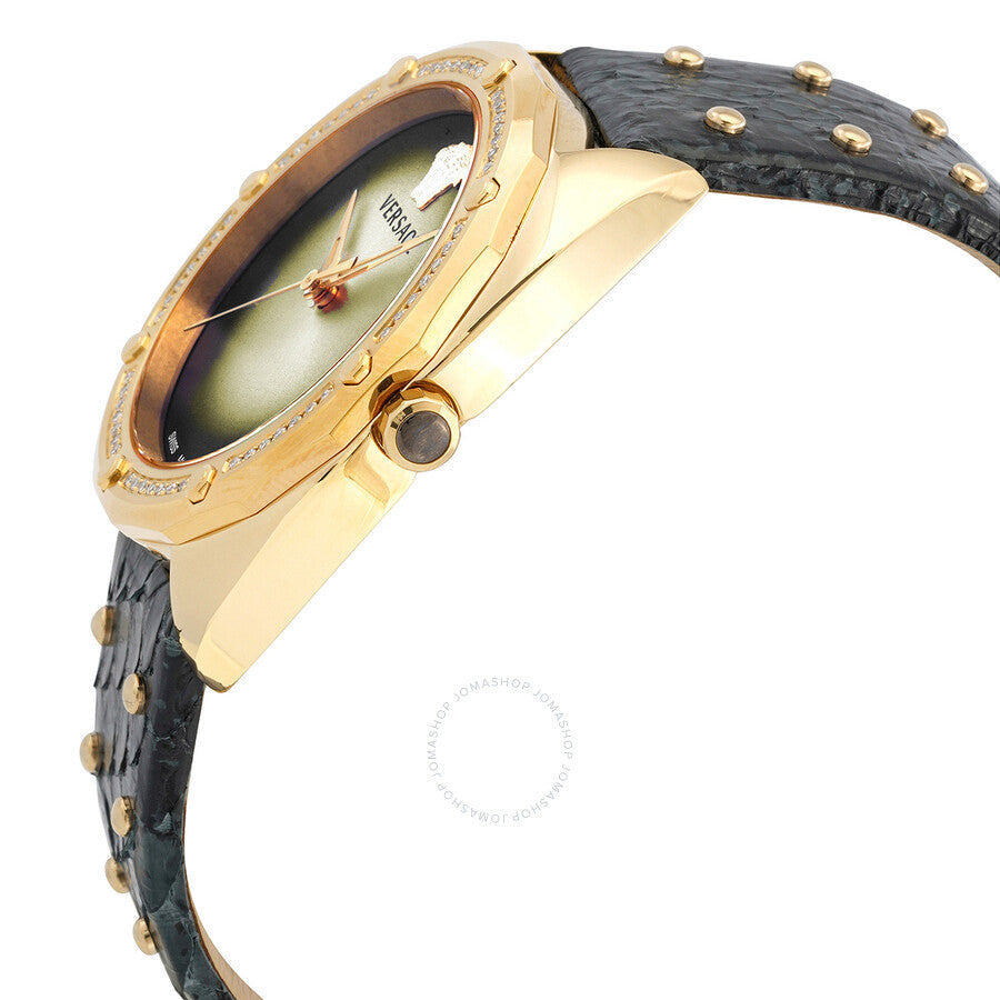 Versace Shadov watch side view showing gold case profile and black leather strap