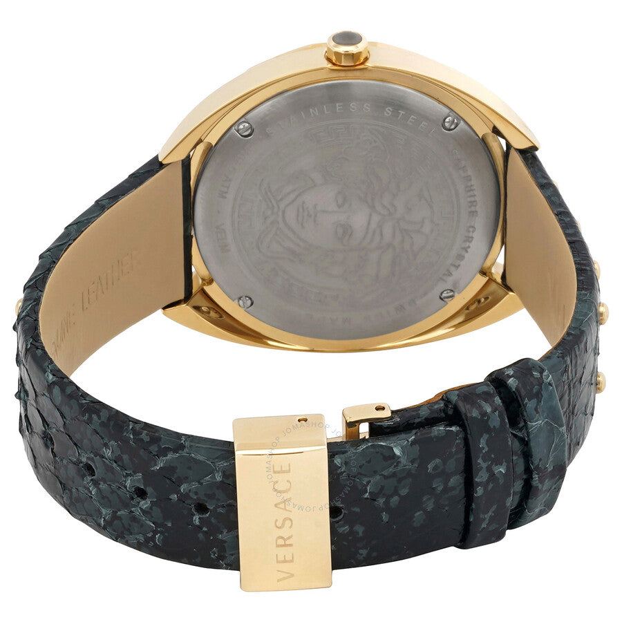 Versace Shadov watch caseback with engraved Versace medusa logo and black leather strap