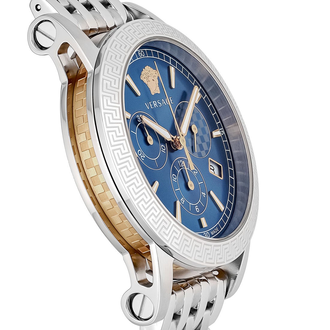 Side angle view of Versace Sport Tech watch showing silver case, blue dial with gold chronograph hands, and gold-accented strap