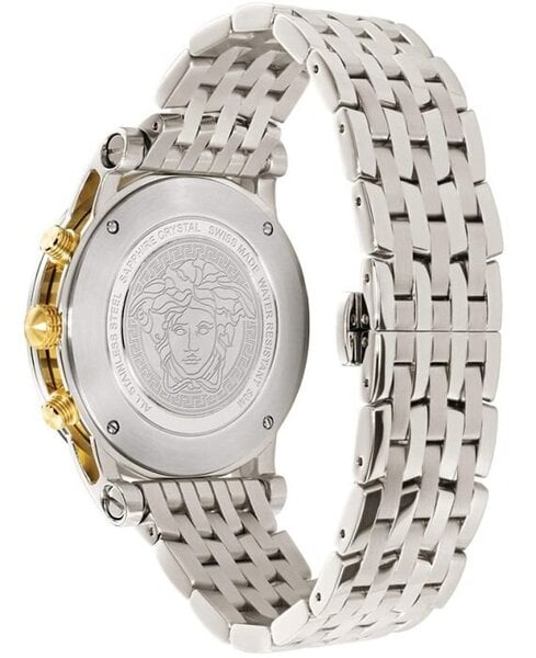 Caseback of Versace Sport Tech watch with Medusa medallion engraving and silver-tone stainless steel bracelet