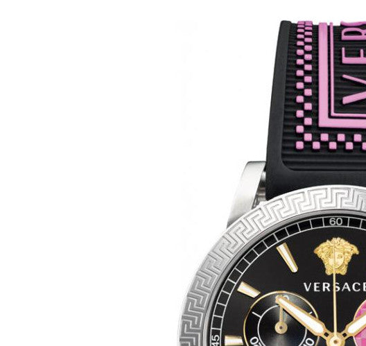 Close-up of Versace Sport Tech dial showing chronograph subdials and pink accent