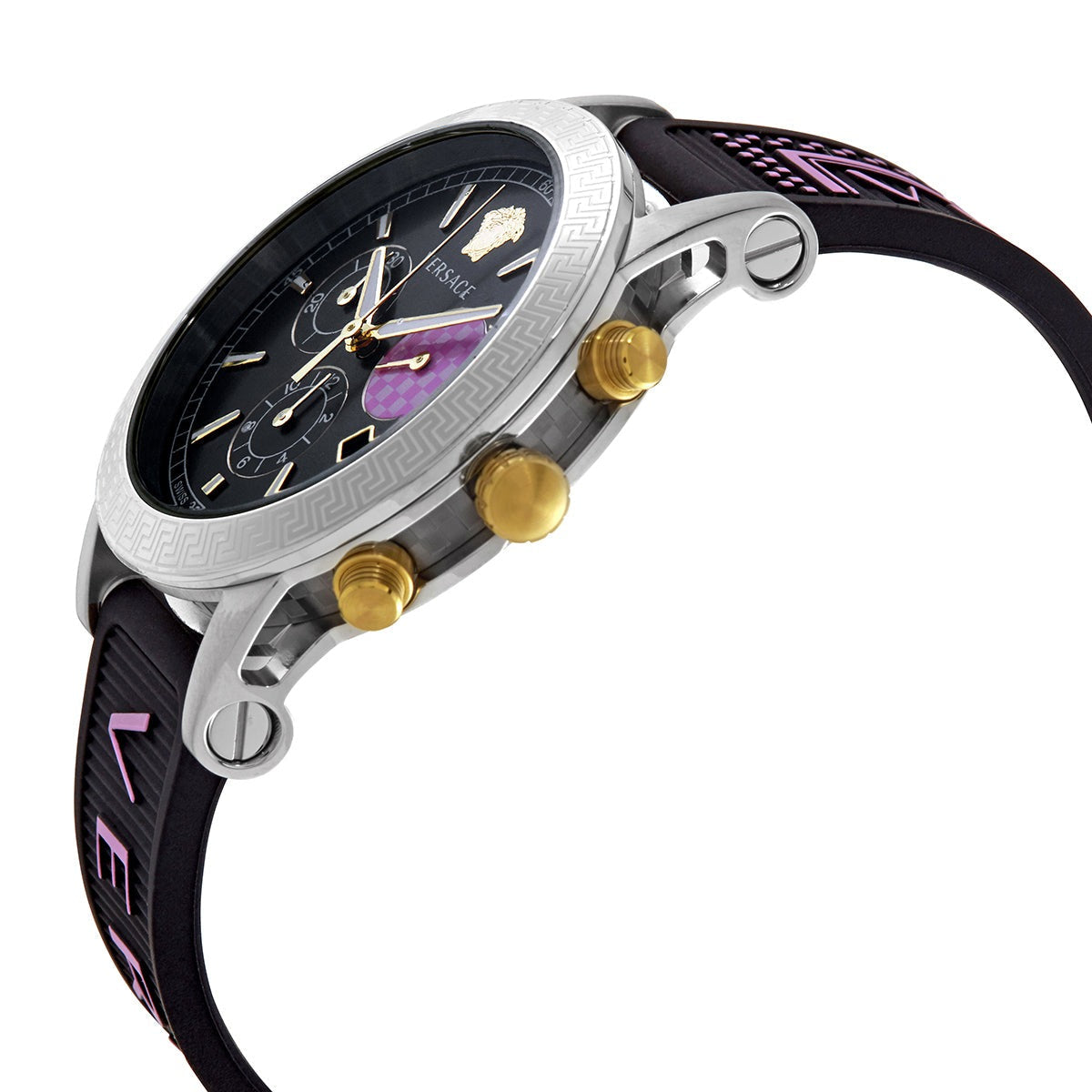 Versace Sport Tech ladies watch side profile with two-tone case and gold chronograph pushers