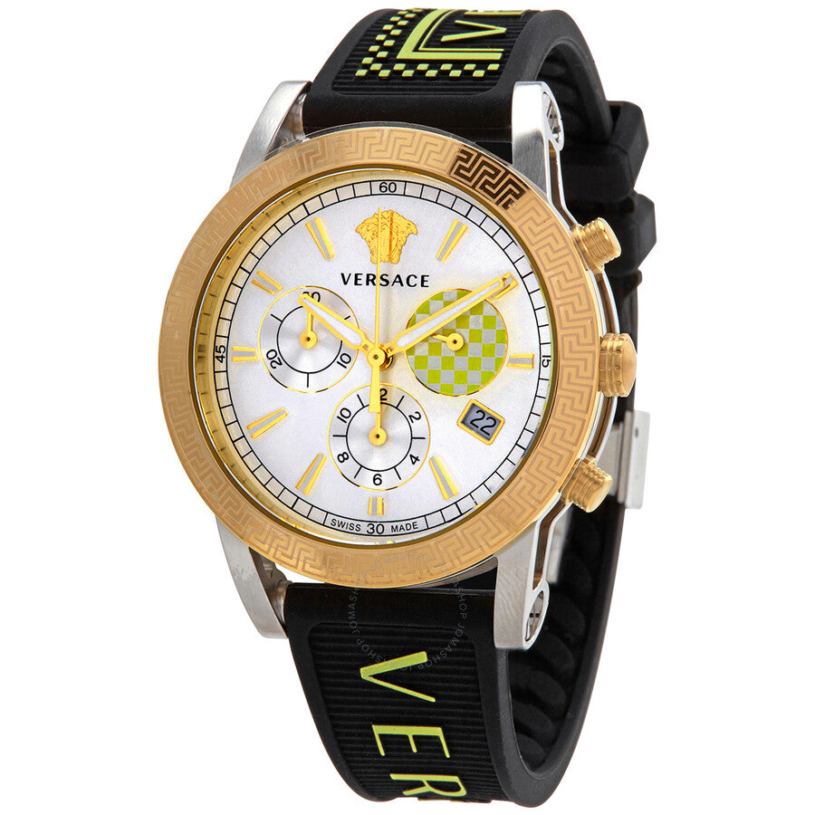 Angled view of Versace Sports Tech watch showing chronograph subdials and case profile