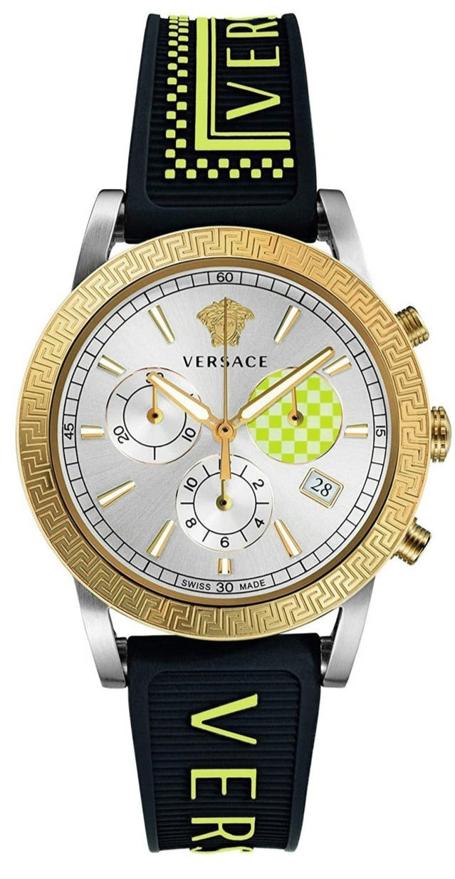 Versace Sports Tech chronograph with silver dial, gold-tone bezel, and black rubber strap with yellow accents